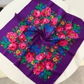 Vintage floral print square silk scarf with ethnic rose patterns on a dark purple base - 70x70cm / Purple