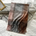 Plaid cashmere scarf with tassels in grey, brown and pink on a minimalist rack - Coffee Pink Grey