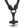 Men's vintage black Thor's Hammer necklace with creative skull head pendant detail - Black Necklace Set (KN115841-Z)