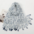 Detail of white cotton linen scarf with blue leaf print and delicate fringe tassels - White Base Dark Blue Branch Style (XB945-01)