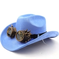 Close-up of steampunk blue suede cowboy hat with vintage goggles and golden gear detail - M(56-58cm) / Deep Sky Blue