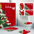 4-teiliges Weihnachts-Badezimmerset mit Rentier- und Baumustern auf festlichem Rot - Schlitten Rentier Rot-90*180CM Einzelner Duschvorhang