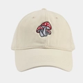 Close-up of red and white mushroom embroidery details on a beige baseball cap fabric - Adjustable / Beige