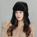 Thick black faux fur trapper hat with earflaps for winter windproof thermal protection - One Size / Black