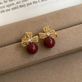 Golden bow stud earrings with square diamond and deep red bead charms for women - 87# Silver Earring Post Gold Red Real Gold Bow Red Bead
