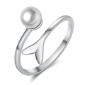 Silver open ring featuring whale tail design and a single pearl with polished finish - Pearl Fishtail / Platinum Color-J192