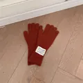Caramel brown wool knit gloves for women featuring a stylish decorative white fabric label - One Size / Caramel color