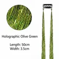 Laser olive green tinsel hair extension with clip measuring 50cm long and 3.5cm wide - Laser Olive Green