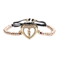 Gold heart bracelet with zircon religious figure and adjustable black braided cord - Heart Charm + Mixed Color Bead Chain