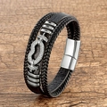 Multilayer black woven leather bracelet with horseshoe zircon buckle on wood background - Style-3 (Silver Clasp/Clear Zirconia)