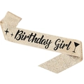 Detail of glitter champagne gold sash with black Birthday Girl text and star motifs - Gold Wine Glass GIRL