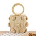 Handmade straw bucket bag in beige with floral pearl accents and round handles - Beige (Natural Handle)