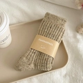 Oatmeal speckled thick wool socks in ribbed knit with a minimalist paper band wrap - One Size / Khaki