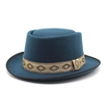 Detail of blue wool felt boater hat featuring a beige diamond pattern jacquard band - M (56-58cm) / Teal