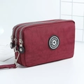 Three-zipper burgundy washed nylon cosmetic and phone clutch bag with wrist strap - Medium / Burgundy