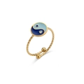 Adjustable 18K gold plated stainless steel twisted ring with blue Tai Chi enamel charm - Adjustable Open / Double Blue