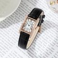 Orologio al quarzo rettangolare con cinturino in pelle nera e lunetta in cristallo rosa - Cassa Oro Rosa Quadrante Bianco Cinturino Nero