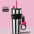 710ml silver striped stainless steel tumbler with pink straw and cloud charm decoration - 24oz / Silver