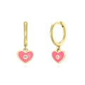 Golden heart earrings with pink enamel and sparkling zircon center on s925 silver needles - Heart Pendant / Pink Gold