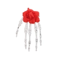 Gothic Halloween hair clip featuring a white skeletal hand with red fabric rose accent - Double Red Roses - Vintage Skeleton Hand