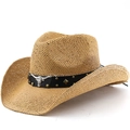 Straw cowboy hat with vintage silver bull head metal emblem and leather decorative band - M(56-58cm) / Khaki