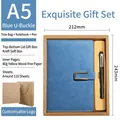 A5 blue PU leather notebook set with metal U-buckle and black pen in gift box packaging - Blue Metal Buckle Kraft Set