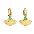 Elegant gold titanium steel fan earrings with round green gemstones in minimalist style - Fan Shape Green Stone Style (E854-GO)