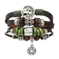 Detail of multilayer leather bracelet with tree of life and star charms in vintage style - Dark Brown Life Tree Pentagram Beaded Style (09)