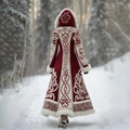 Winter long red hooded cloak with white fur trim and ethnic back embroidery in snow - 3XL / Red Embroidered Hooded (RW-JLCKS-1912)