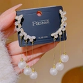 Elegant gold finish long tassel earrings with pearls and S925 silver studs - Pearl Gold Chain Tassel (E0098)