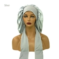 Extra large silver satin sleep bonnet with wide elastic bands and long tail ribbons - Extra Large / Gray