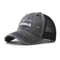 Distressed wash cotton baseball cap with Blessed embroidery and breathable mesh back - Black