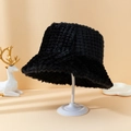 Minimalist black plush checkered bucket hat for winter warmth with thick woven texture - Black