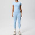 Ensemble de yoga bleu clair pour femme avec t-shirt à manches courtes et legging taille haute - S / Haut Et Bas / Bleu Ciel