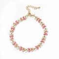 Bohemian gold-plated chain bracelet with pink and white enamel leaves and lobster clasp - Pink and White Enamel Leaf Bracelet (BC491-5)