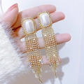 Long gold tassel earrings with rectangular pearls and sparkling rhinestones - Pearl Tassel Gold Dangle Earrings (E0207)