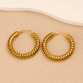 Close-up of 18K gold-plated stainless steel hoop earrings with woven texture detail - Circle Fish Scale Texture Style (CK515)