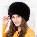 Thick black faux fox fur Russian hat for winter warmth with flat top design - Black