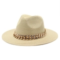 Detail of woven straw fedora with chunky gold chain band and fine mesh texture - M (56-58cm) / Single Beige Hat