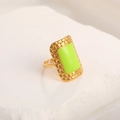 Adjustable gold ring with rectangle lime green enamel face and textured metal trim - Adjustable Open / 18K Gold Plated Square Green
