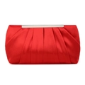 Detail of red pleated satin evening clutch bag with silver metal frame and clasp closure - Red