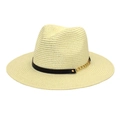 Detail of beige straw fedora featuring a black leather band and gold chain accent - M (56-58cm) / Cream