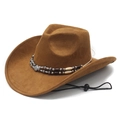Donkerbruine suède cowboyhoed met kralenband en verstelbare kinriem voor dames - M (56-58cm) / Khaki