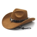 Faux suede western cowboy hat in camel with ethnic band and silver bull skull accent - M (56-58cm) / Khaki