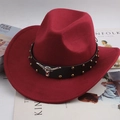 Burgundy western cowboy hat with leather band featuring bull head ornament on magazines - Riveted Bull Head / Burgundy