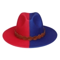 Two-tone red and blue felt fedora with a brown braided PU leather decorative band - Red Blue Patchwork With Belt