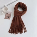 Close-up of soft brown cashmere-like scarf texture and fringe detail on flat lay surface - Regular Fit / Dark Coffee