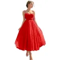 Elegant red mesh spaghetti strap A-line cocktail dress with a fitted waist and full skirt - US size 2 (S) / Bottoms / Red