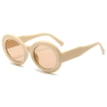 Vintage oval thick frame sunglasses in cream beige with brown lenses on white background - Beige Frame Light Tea Lens