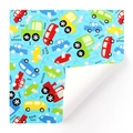 Blue gift wrapping paper featuring cartoon cars, planes and trains for kids' birthdays - Blue Background Car / 50x70cm